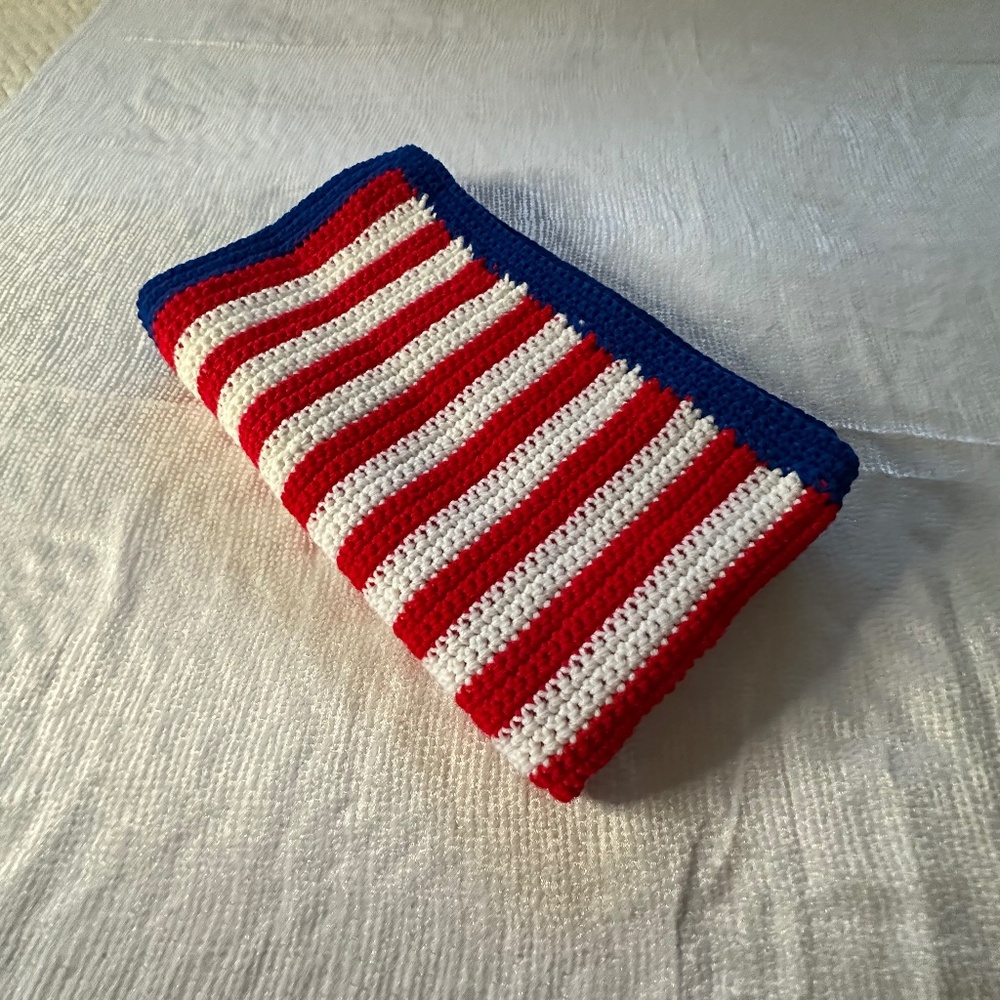 Handmade by May,” American Pride” red white and blue crocheted blanket